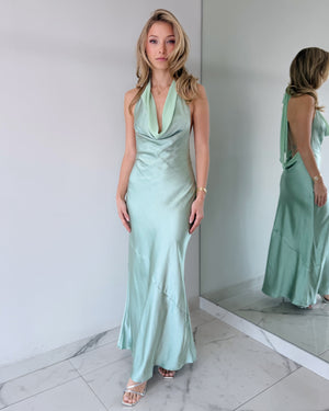 Mint Sage Open Back Silk Maxi Dress