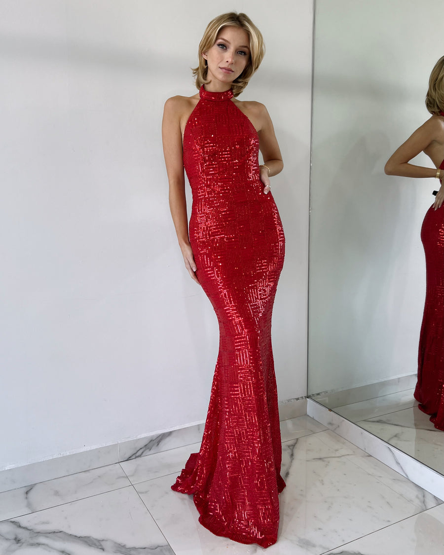 Red Halter Sequin Gown Dress