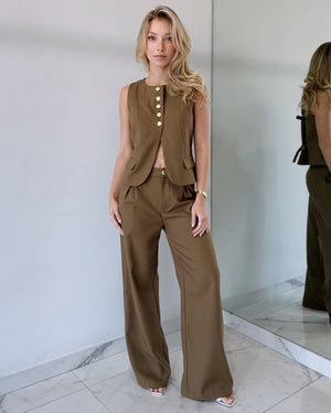 Olive Green Top + Pant Two Piece Set
