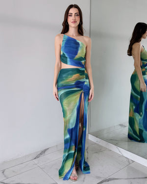 Blue Print One Shoulder Open Back Gown Dress