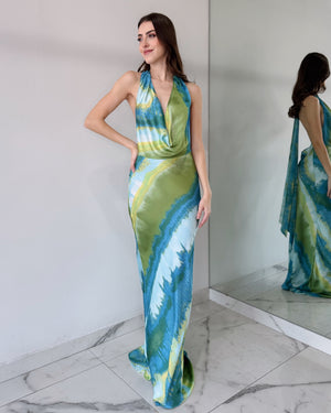 Blue Print Open Back Gown Dress