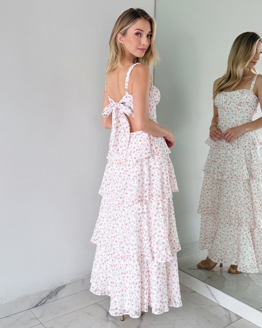 Coral Floral Print Ruffle Maxi Dress