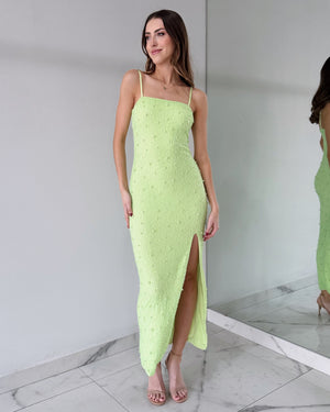 Green Lime Pearl Open Leg Midi Dress