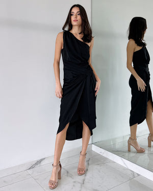 Black One Shoulder Midi Dress