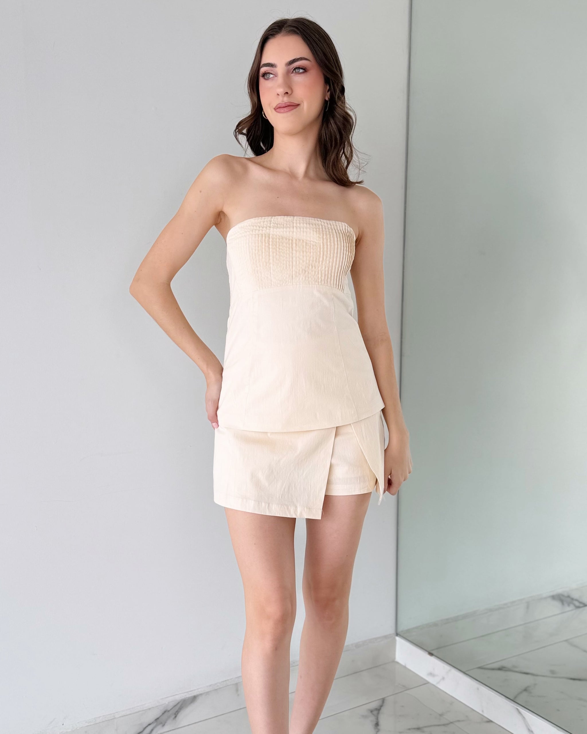 Nude Strapless Top + Short Two Piece Set