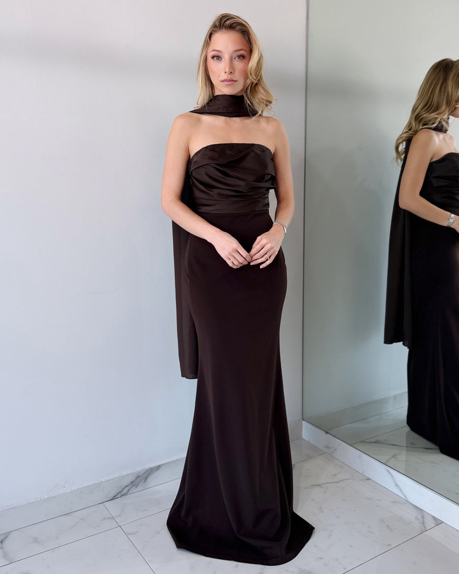 Coffee Chocolate Strapless Choker Gown Dress