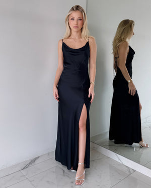 Black Open Back Silk Gown Dress