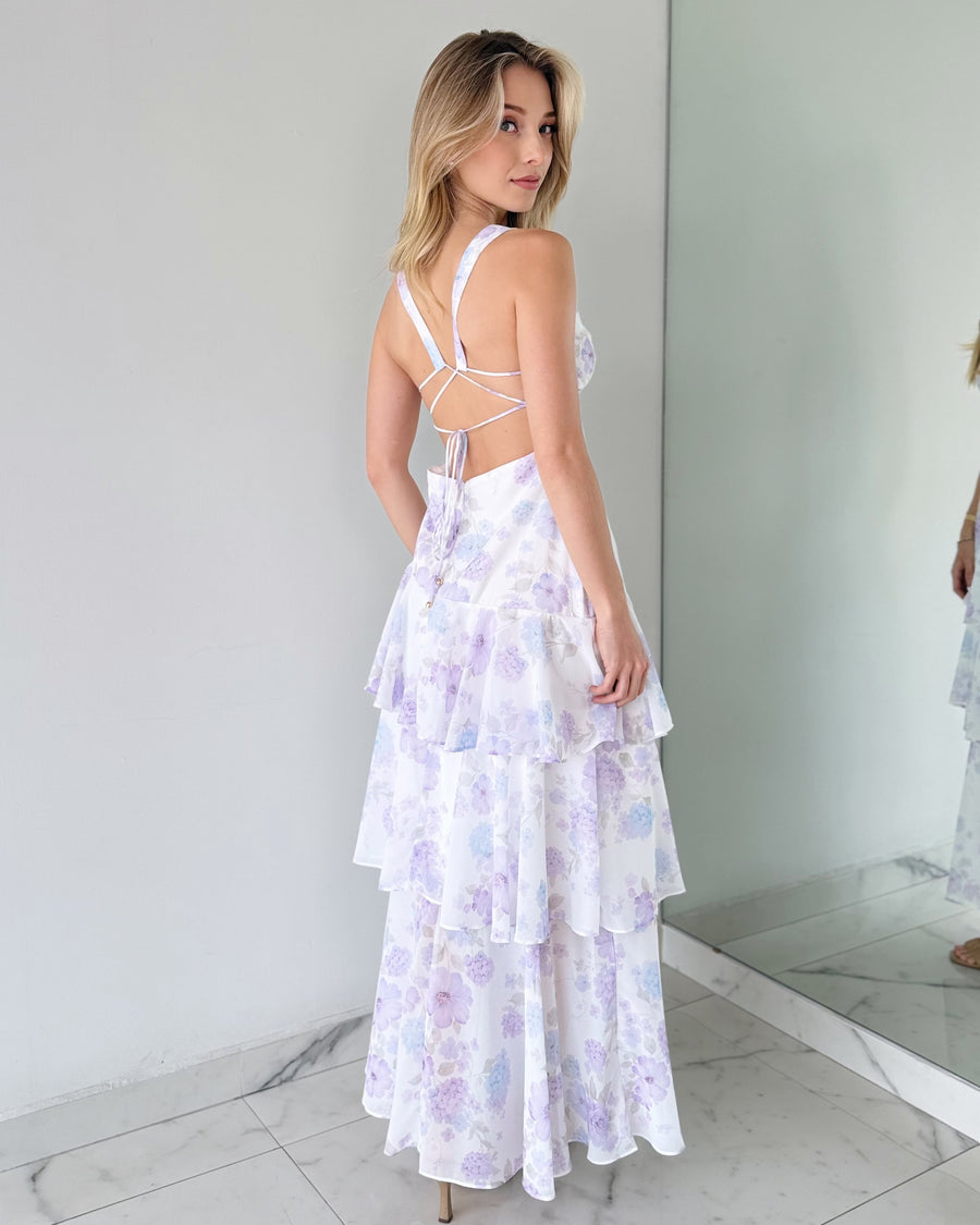 Lilac Floral Print Ruffle Maxi Dress
