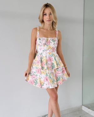 White Floral Print Ruffle Dress