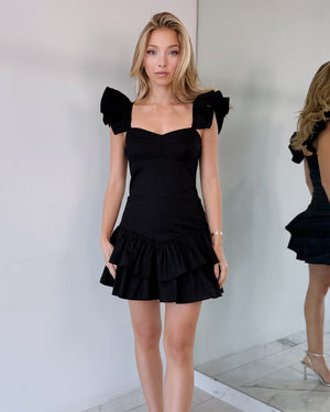 Black Ruffle Shoulder Pads Mini Dress