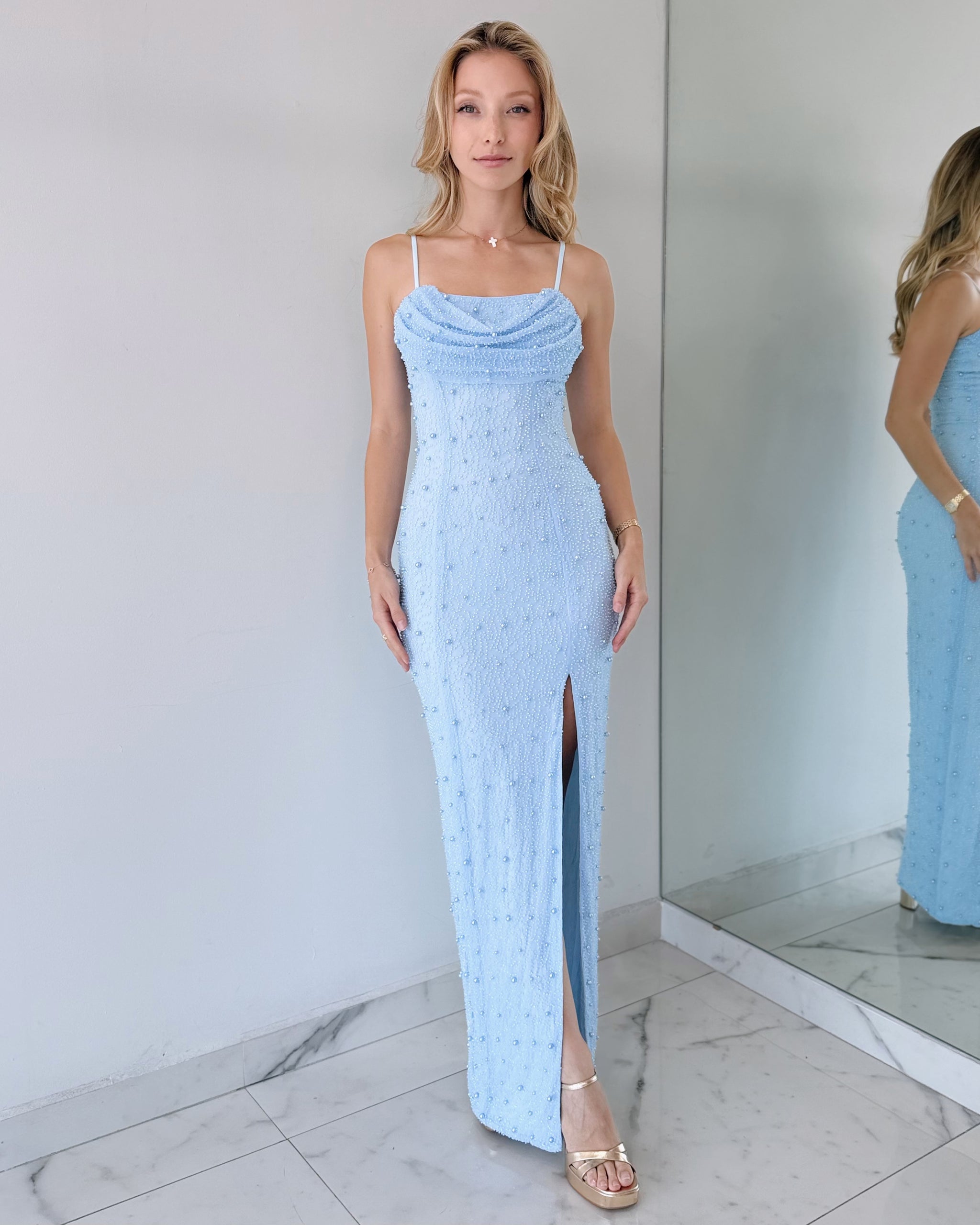 Baby Blue Strap Pearl Maxi Dress