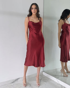 Wine Open Back Silk Midi Dress