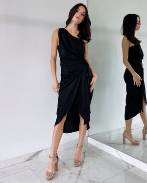 Black One Shoulder Midi Dress