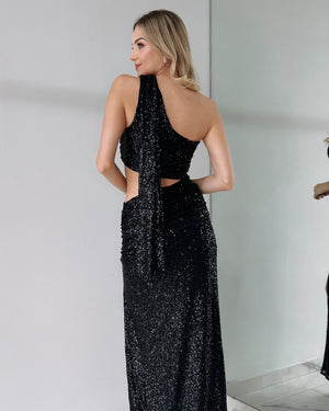 Black Sequin Open Detail Gown Dress