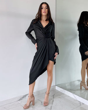 Black Long Sleeve Asymmetric Midi Dress