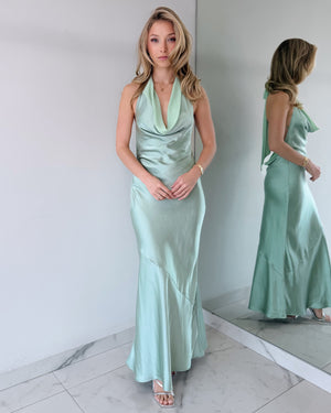Mint Sage Open Back Silk Maxi Dress