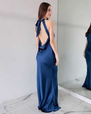 Slate Blue Open Back Gown Dress