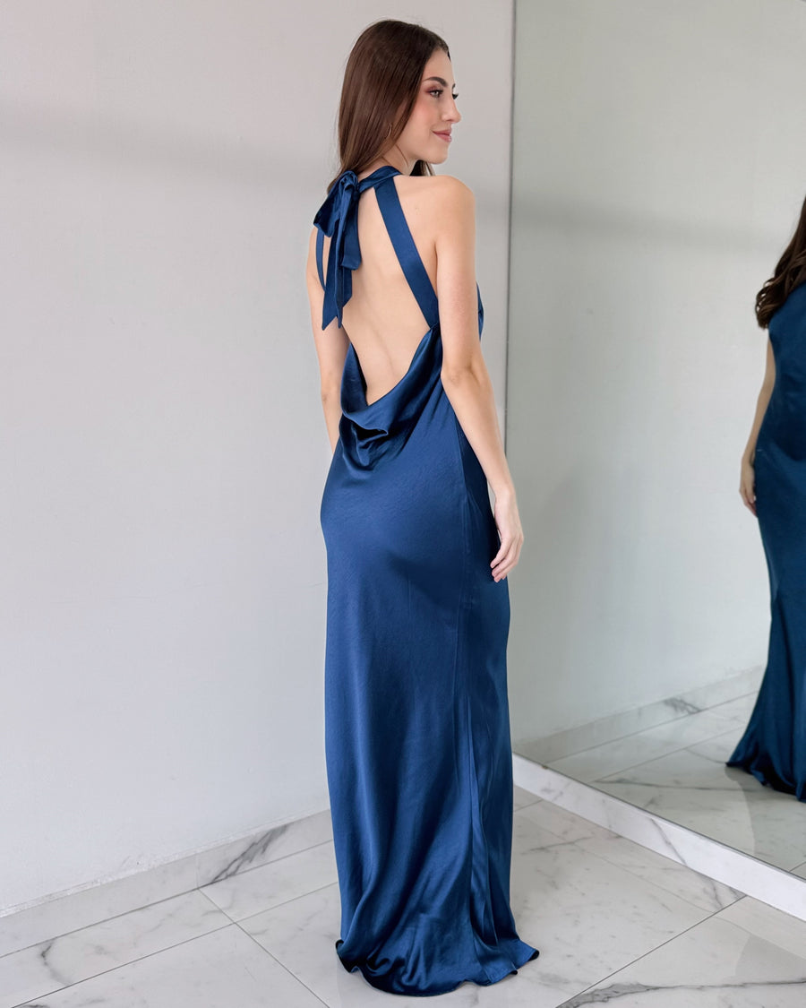 Slate Blue Open Back Gown Dress
