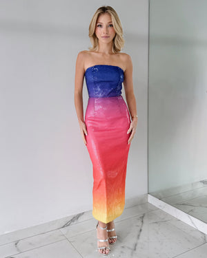 Purple Rainbow Strapless Sequin Midi Dress