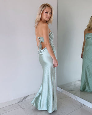 Mint Strapless Silk Open Back Maxi Dress