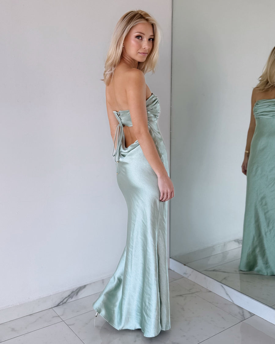 Mint Strapless Silk Open Back Maxi Dress