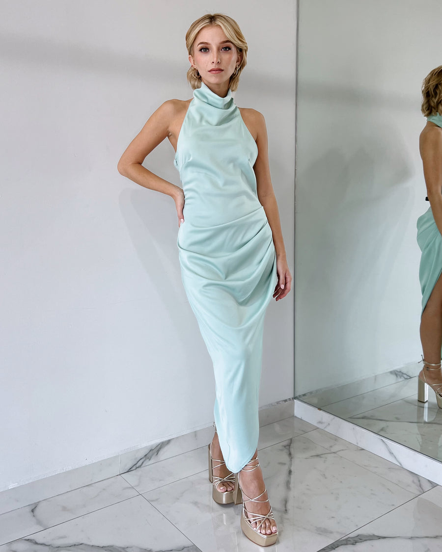 Mint Silk Halter Midi Dress