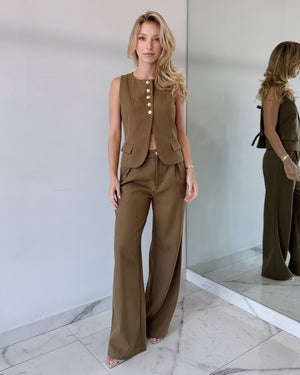Olive Green Top + Pant Two Piece Set