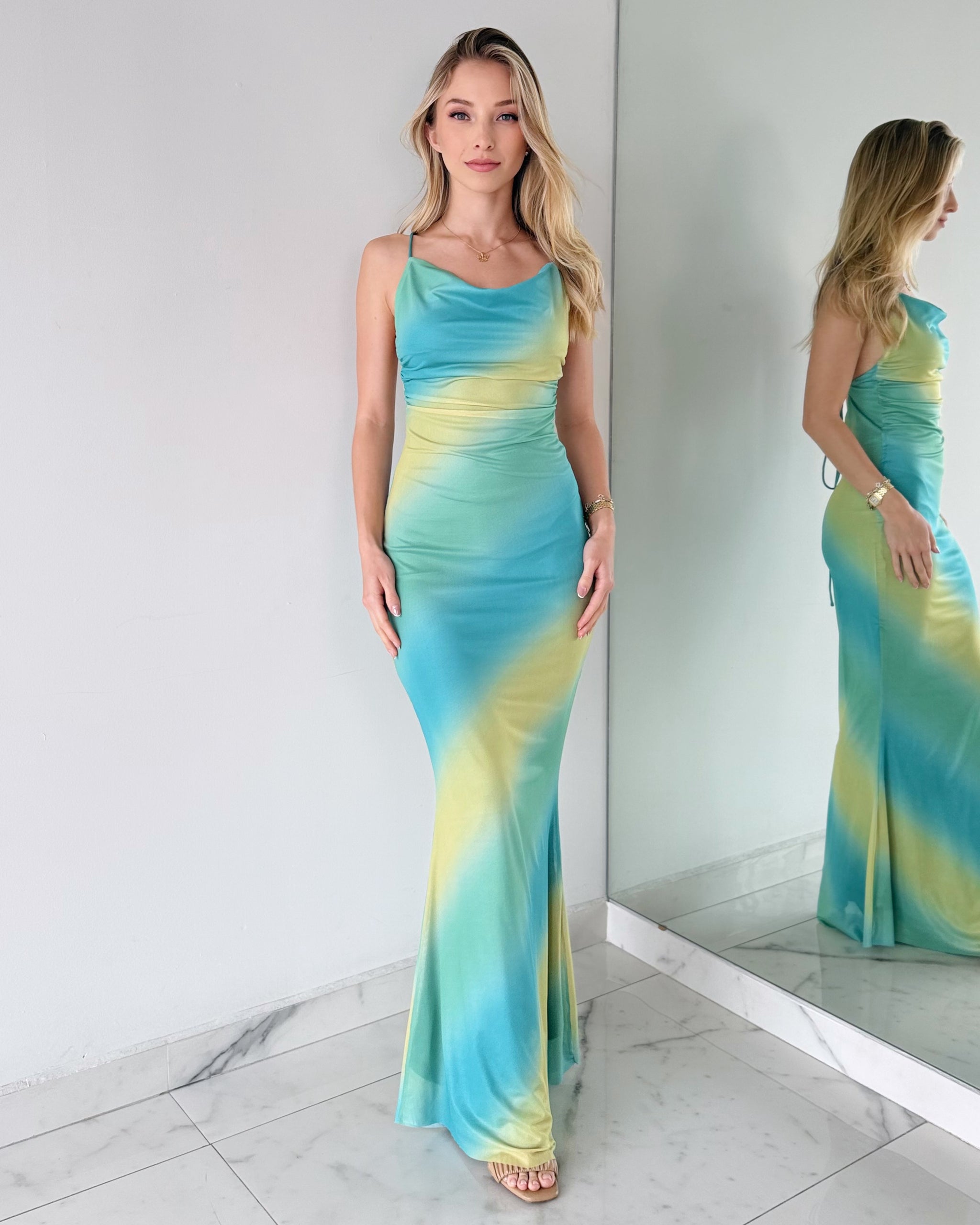 Aqua Yellow Print Open Back Gown Dress