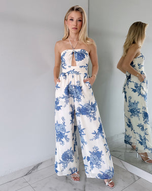 Blue Print Strapless Jumpsuit