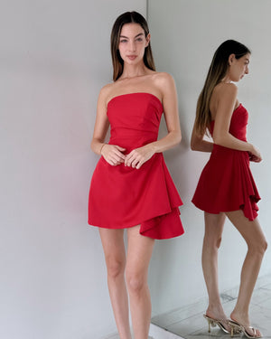 Red Strapless Ruffle Mini Dress