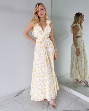 Yellow Print Ruffle Maxi Dress