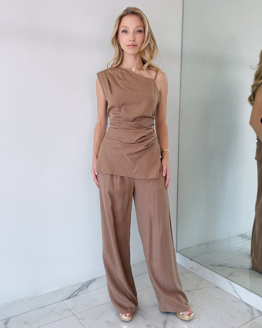 Nude Coffee Button Detail Top + Pant Two Piece Set