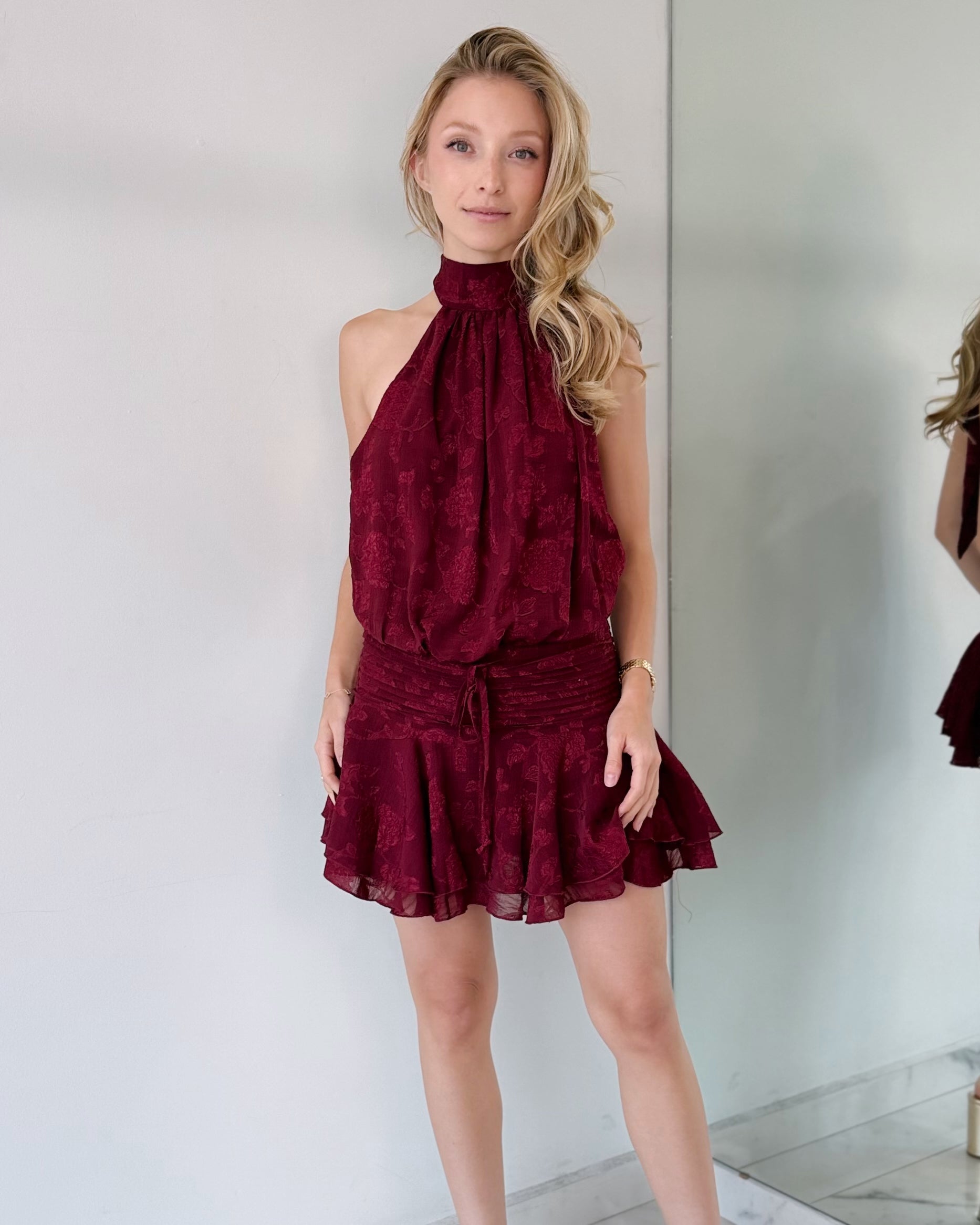 Wine Halter Print Mini Dress