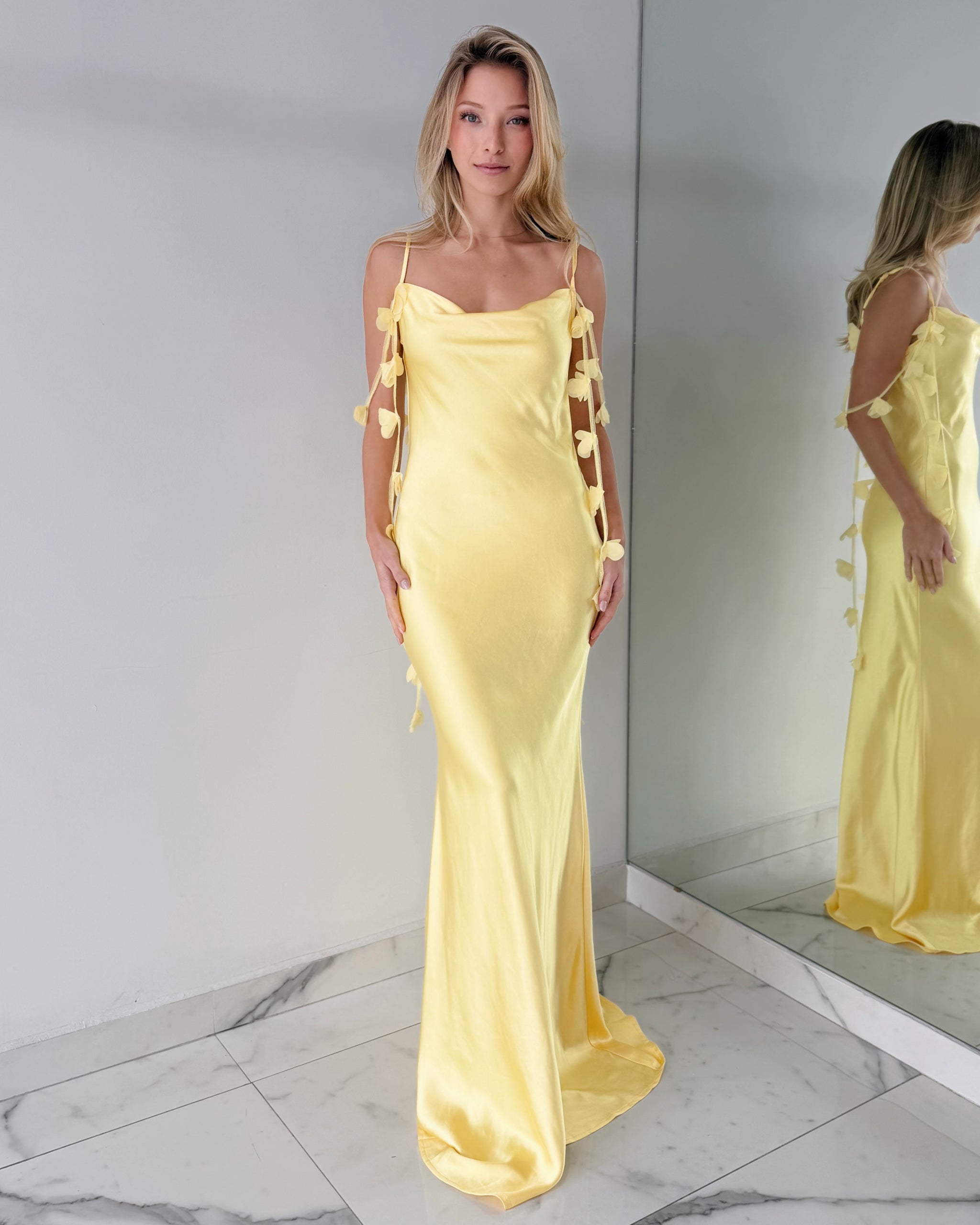 Yellow Detail Open Back Gown Dress