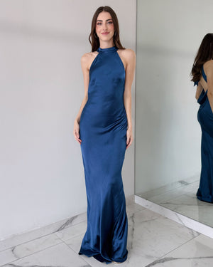 Slate Blue Open Back Gown Dress