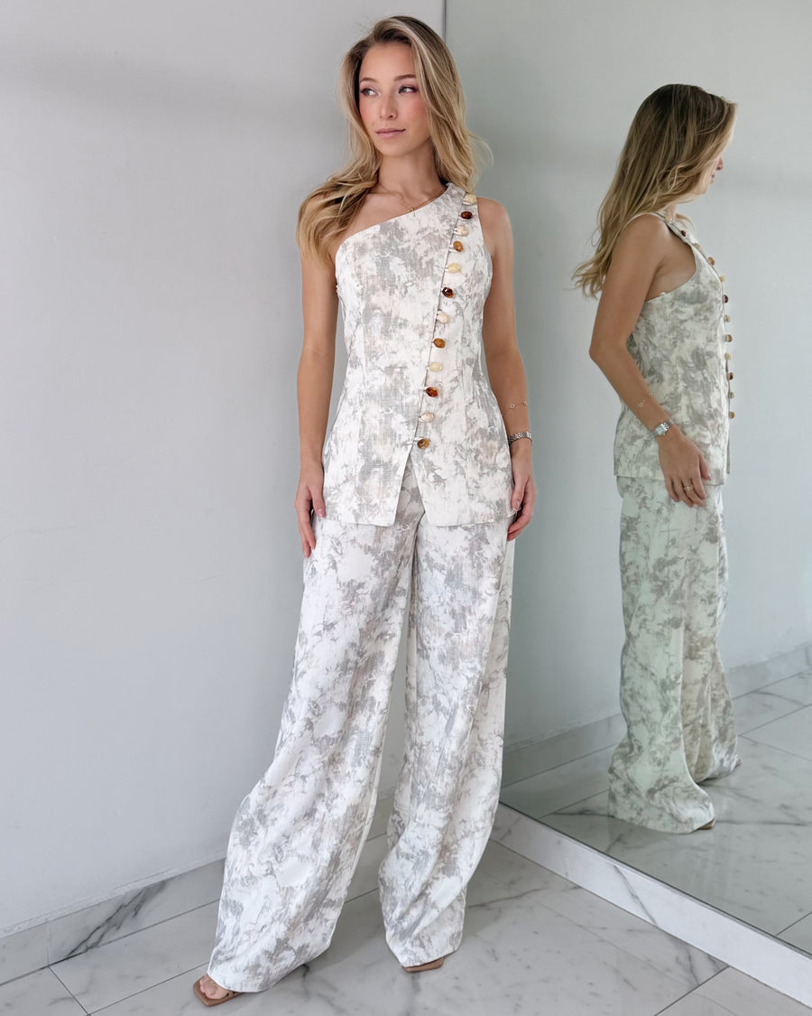 Nude Print One Shoulder Top + Pant Two Piece Set