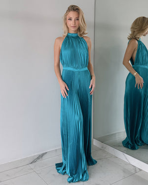 Blue Pleated Open Back Jumpsuit