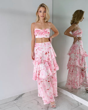 Pink Floral Two Piece Midi Dress Set