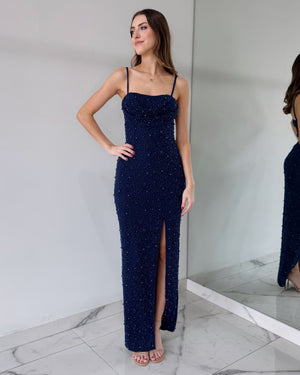 Navy Strap Pearl Maxi Dress