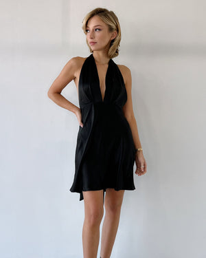 Black V Neck Silk Mini Dress
