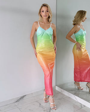 Rainbow Strap Sequin Midi Dress