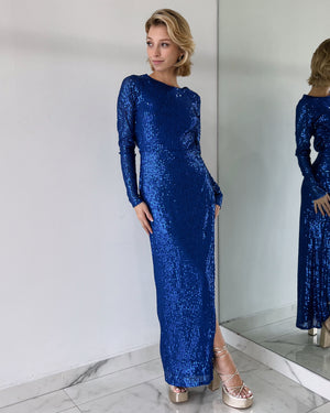 Blue Open Back Sequin Maxi Dress