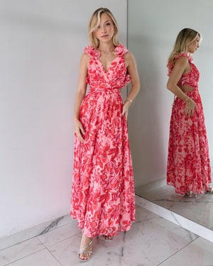 Pink Floral Ruffle Maxi Dress
