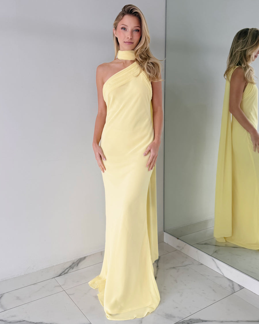 UN2427 Yellow One Shoulder Choker Gown Dress