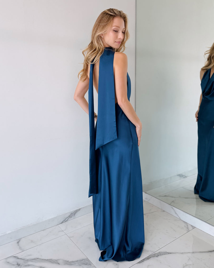 Blue Teal Dk Halter Open Back Gown Dress