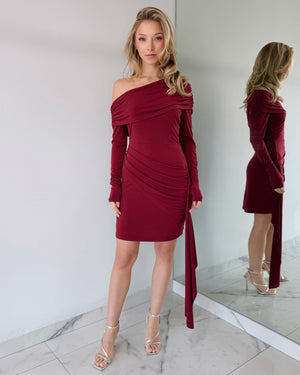 Wine Off Shoulder Long Sleeve Mini Dress