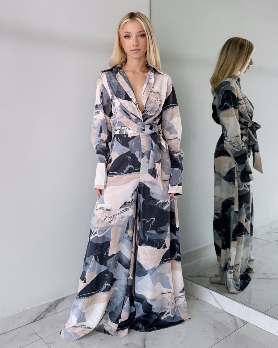 Gray Print Long Sleeve Jumpsuit