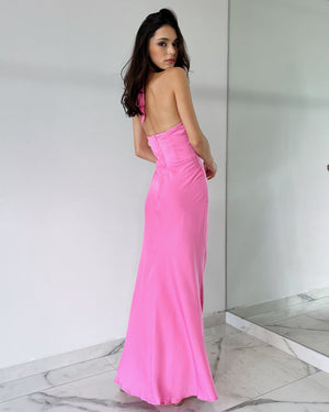 Pink Halter Silk Gown Dress