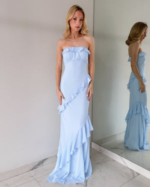 SD314 Baby Blue Strapless Ruffle Gown Dress