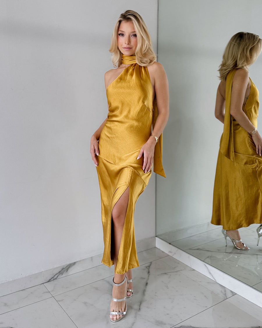 Mustard One Shoulder Halter Midi Dress